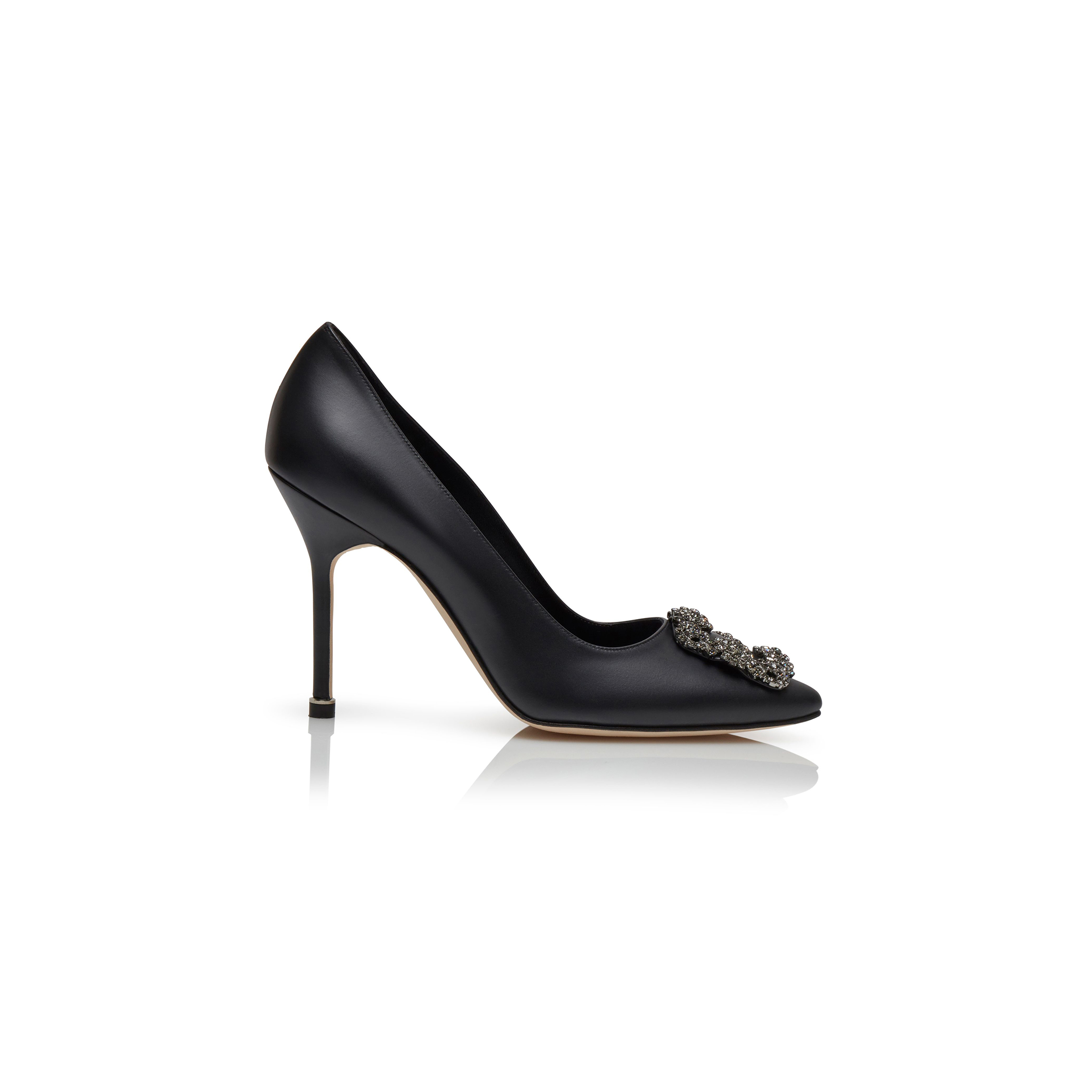 MANOLO BLAHNIK HANGISIUS BLACK CALF LEATHER JEWEL BUCKLE PUMPS 121-1436-0001